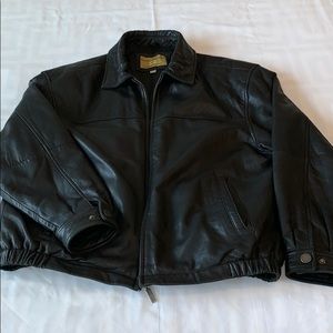 Black leather bomber jacket
